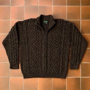 Orvis Cable Knit Ireland Wool 1/4 Zip Pullover Fisherman Sweater Men's M Brown